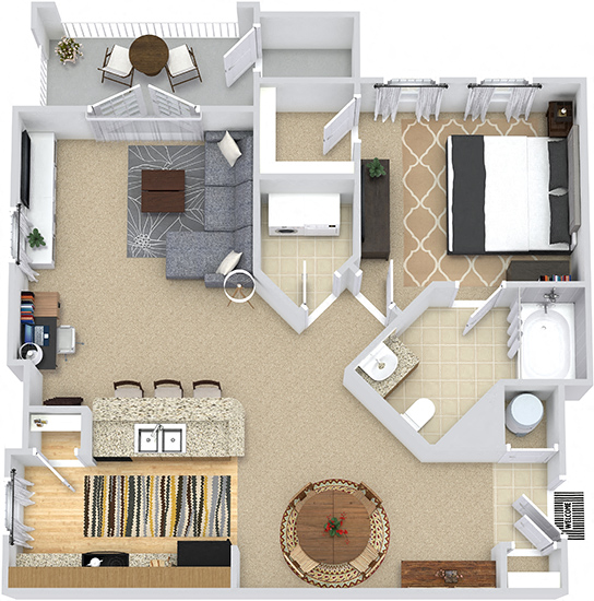 Floor plan for 1 bed, 1 bath, 838 sqft